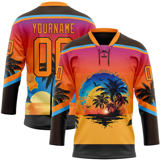 Custom Brown Bay Orange Yellow-Sky Blue Gradient Hawaii Tropical Palm Trees Hockey Lace Neck Jersey - Main View