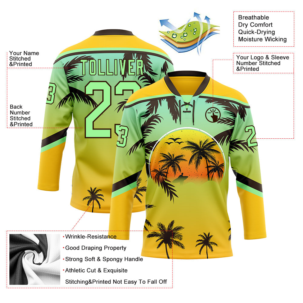 Custom Yellow Pea Green-Brown Gradient Hawaii Tropical Palm Trees Hockey Lace Neck Jersey view 4