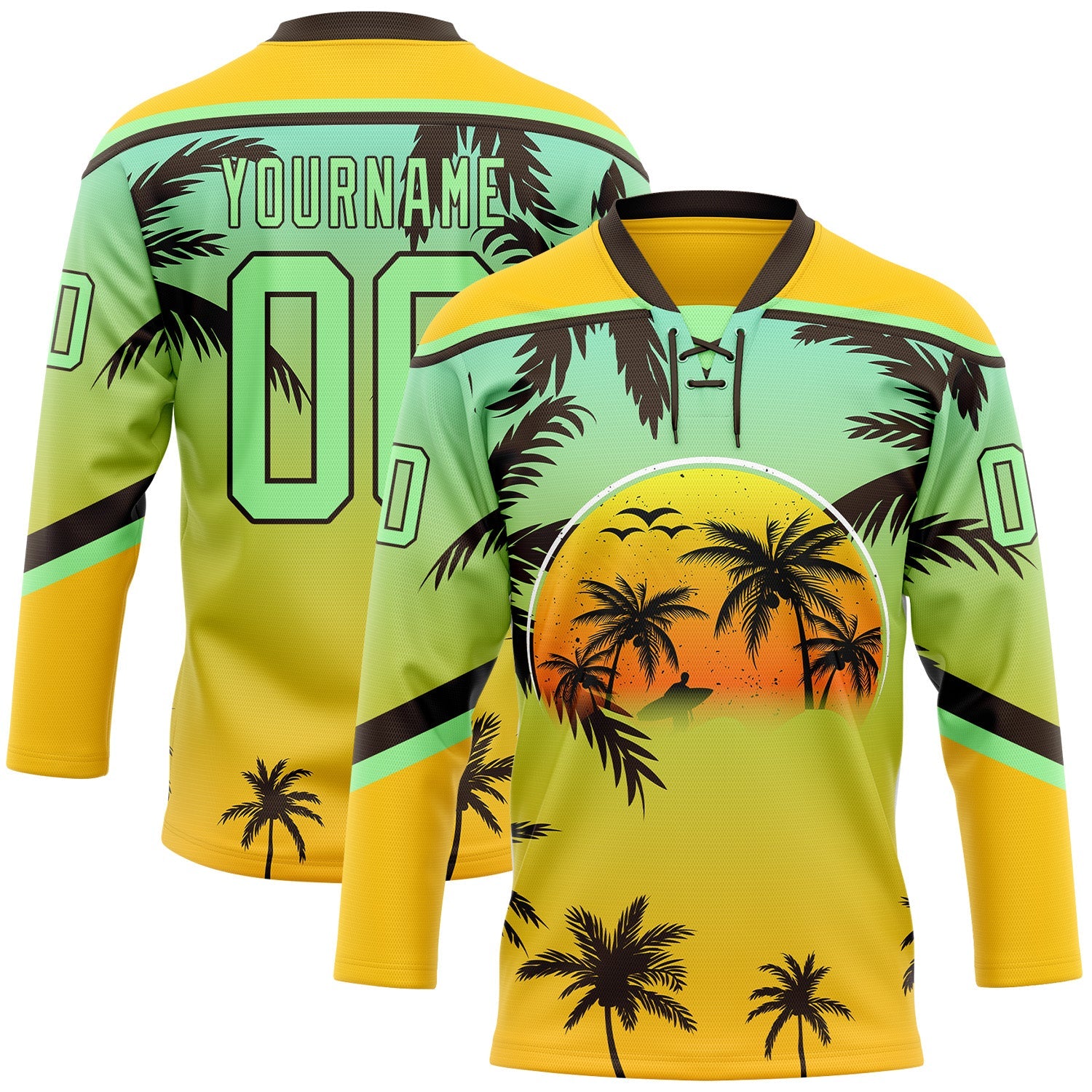 Custom Yellow Pea Green-Brown Gradient Hawaii Tropical Palm Trees Hockey Lace Neck Jersey - Main View