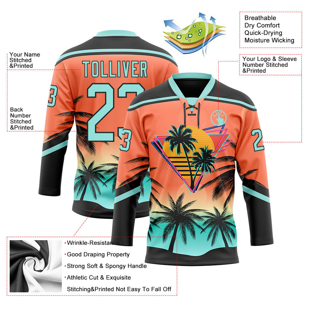 Custom Black Ice Blue-Orange Gradient Hawaii Tropical Palm Trees Hockey Lace Neck Jersey view 4