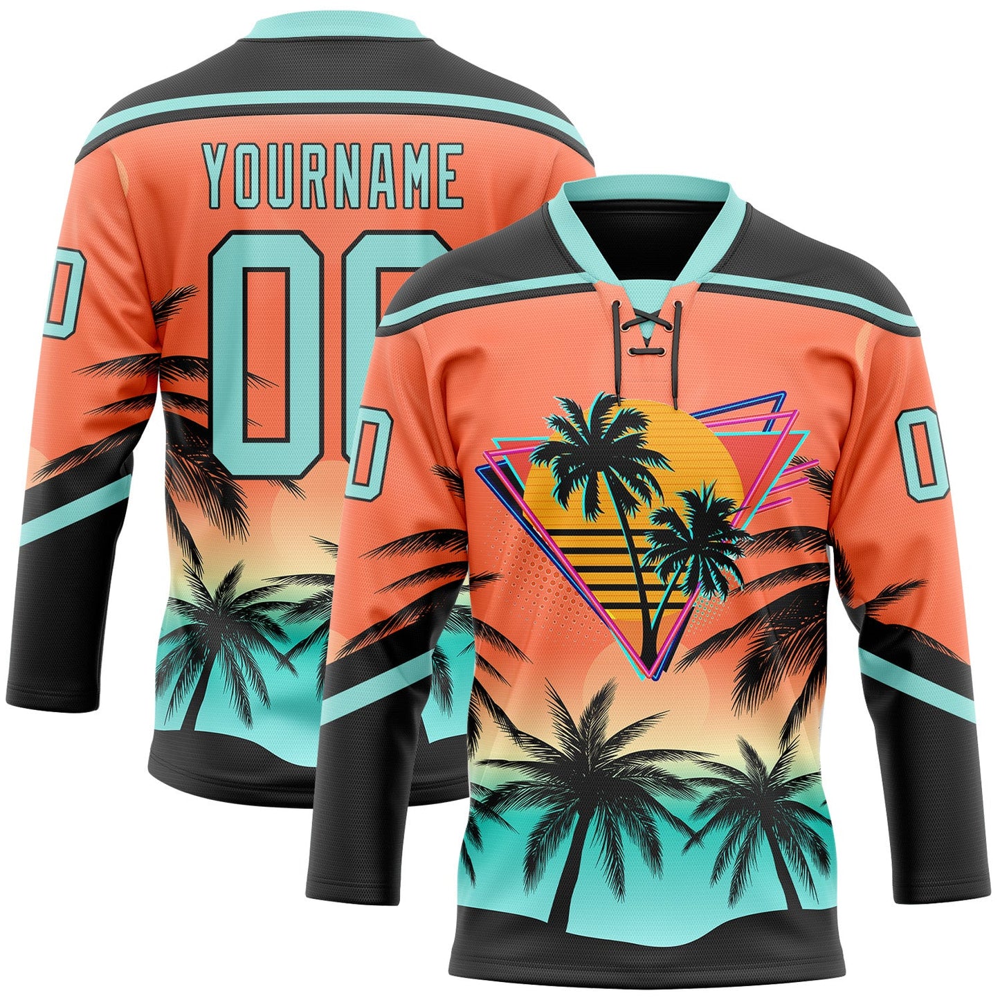 Custom Black Ice Blue-Orange Gradient Hawaii Tropical Palm Trees Hockey Lace Neck Jersey - Main View