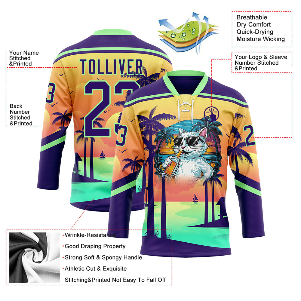 Custom Purple Yellow-Pea Green Gradient Hawaii Tropical Palm Trees Hockey Lace Neck Jersey view 4