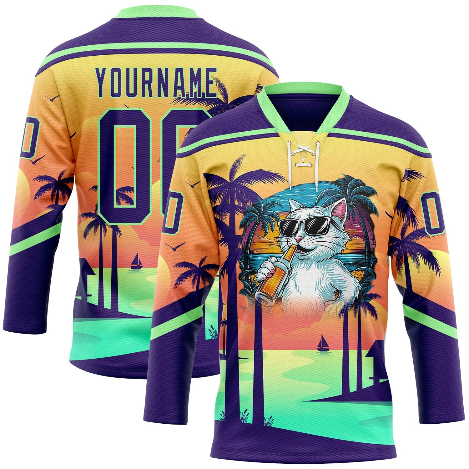 Custom Purple Yellow-Pea Green Gradient Hawaii Tropical Palm Trees Hockey Lace Neck Jersey - Main View