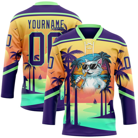 Custom Purple Yellow-Pea Green Gradient Hawaii Tropical Palm Trees Hockey Lace Neck Jersey - Main View