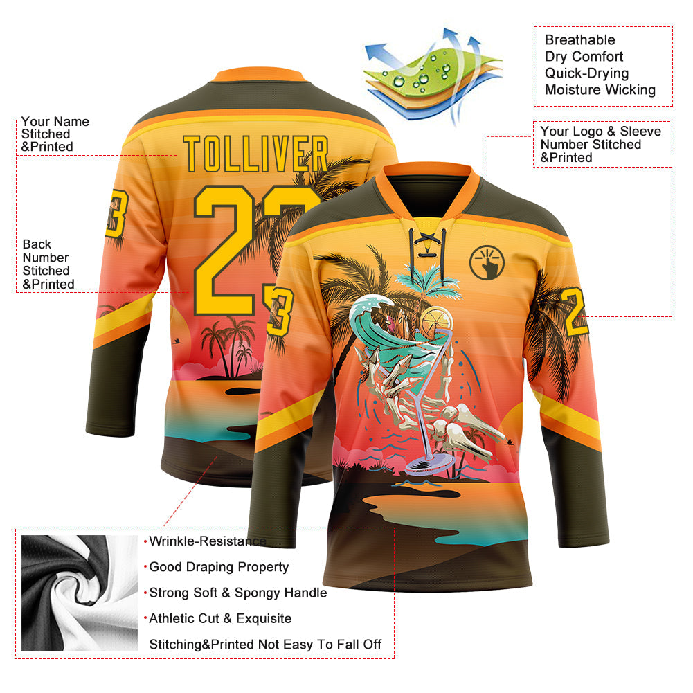 Custom Olive Yellow-Bay Orange Gradient Hawaii Tropical Palm Trees Hockey Lace Neck Jersey view 4