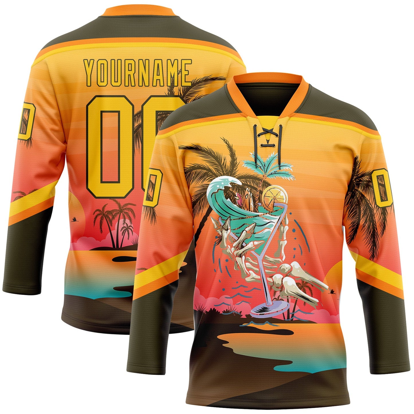 Custom Olive Yellow-Bay Orange Gradient Hawaii Tropical Palm Trees Hockey Lace Neck Jersey - Main View