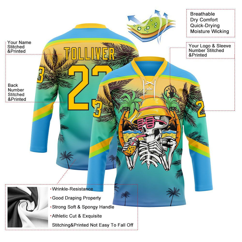 Custom Sky Blue Yellow Green-Black Gradient Hawaii Tropical Palm Trees Hockey Lace Neck Jersey view 4