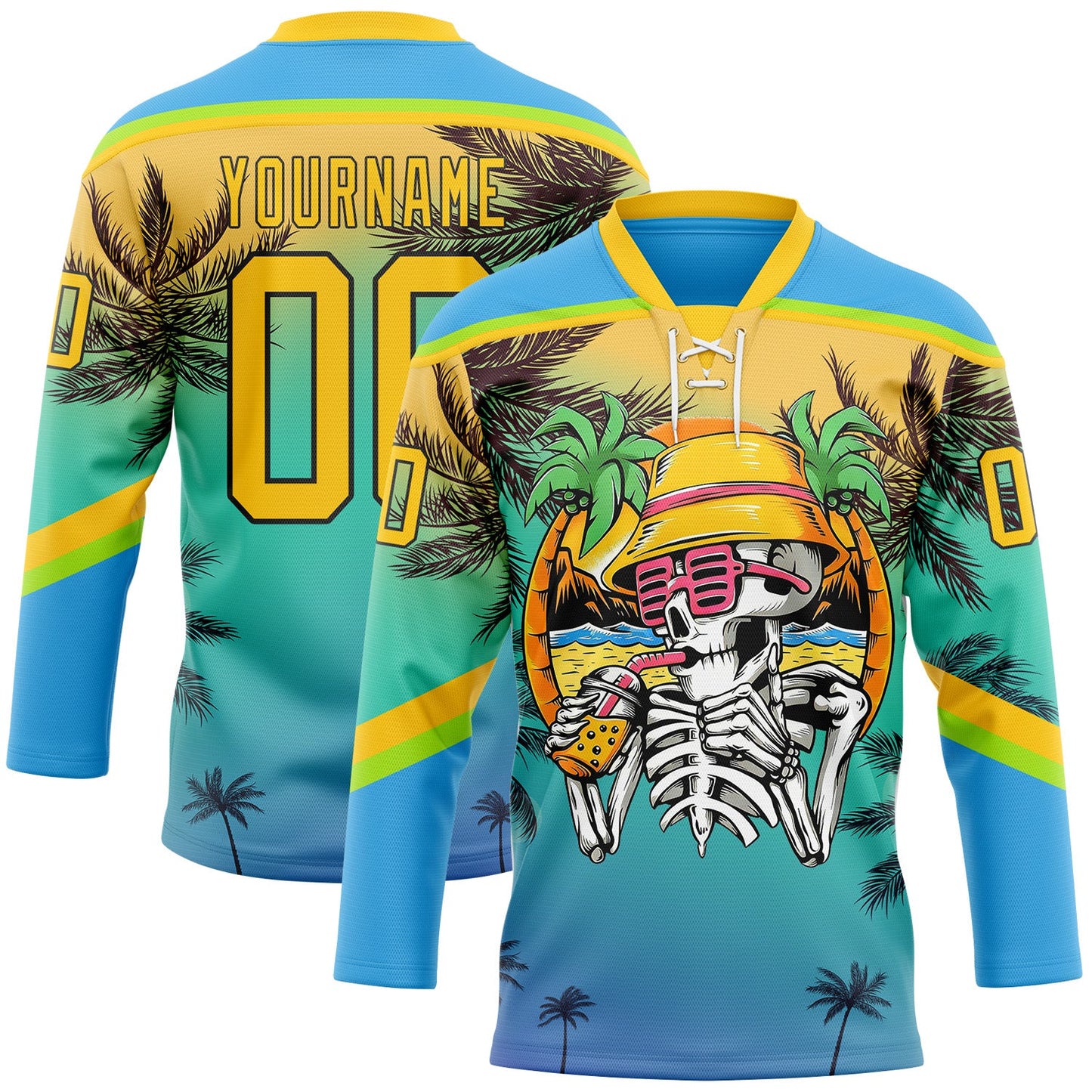 Custom Sky Blue Yellow Green-Black Gradient Hawaii Tropical Palm Trees Hockey Lace Neck Jersey - Main View