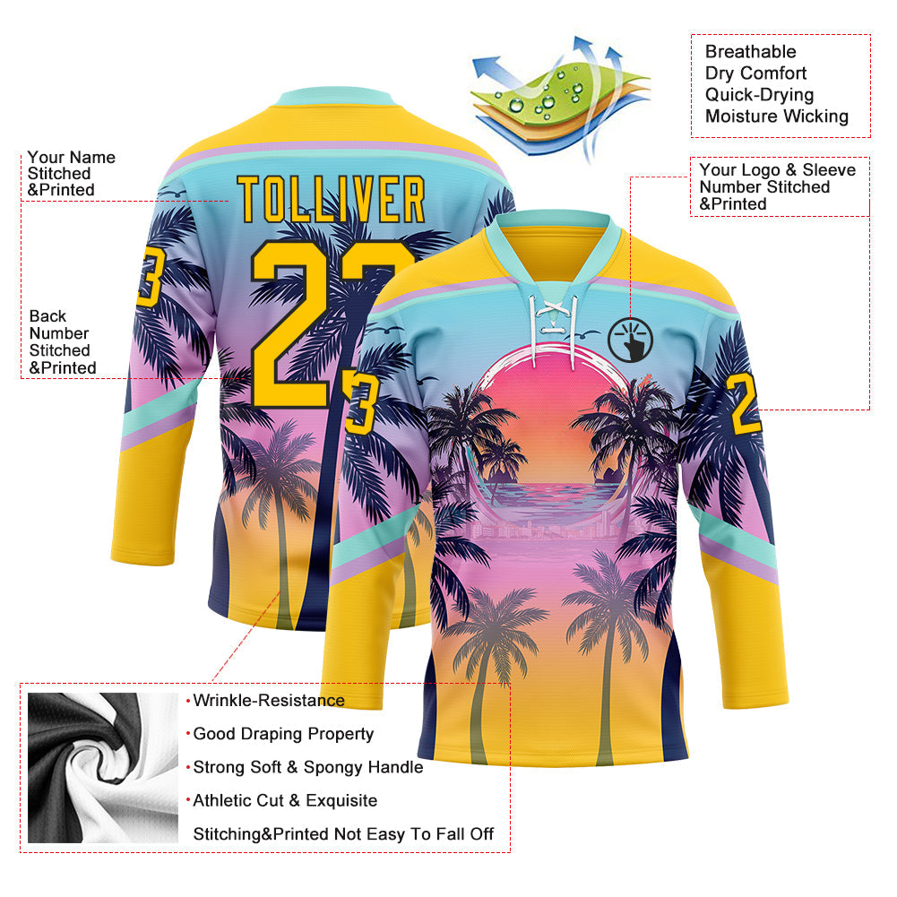 Custom Yellow Blue Purple-Black Gradient Hawaii Tropical Palm Trees Hockey Lace Neck Jersey view 4