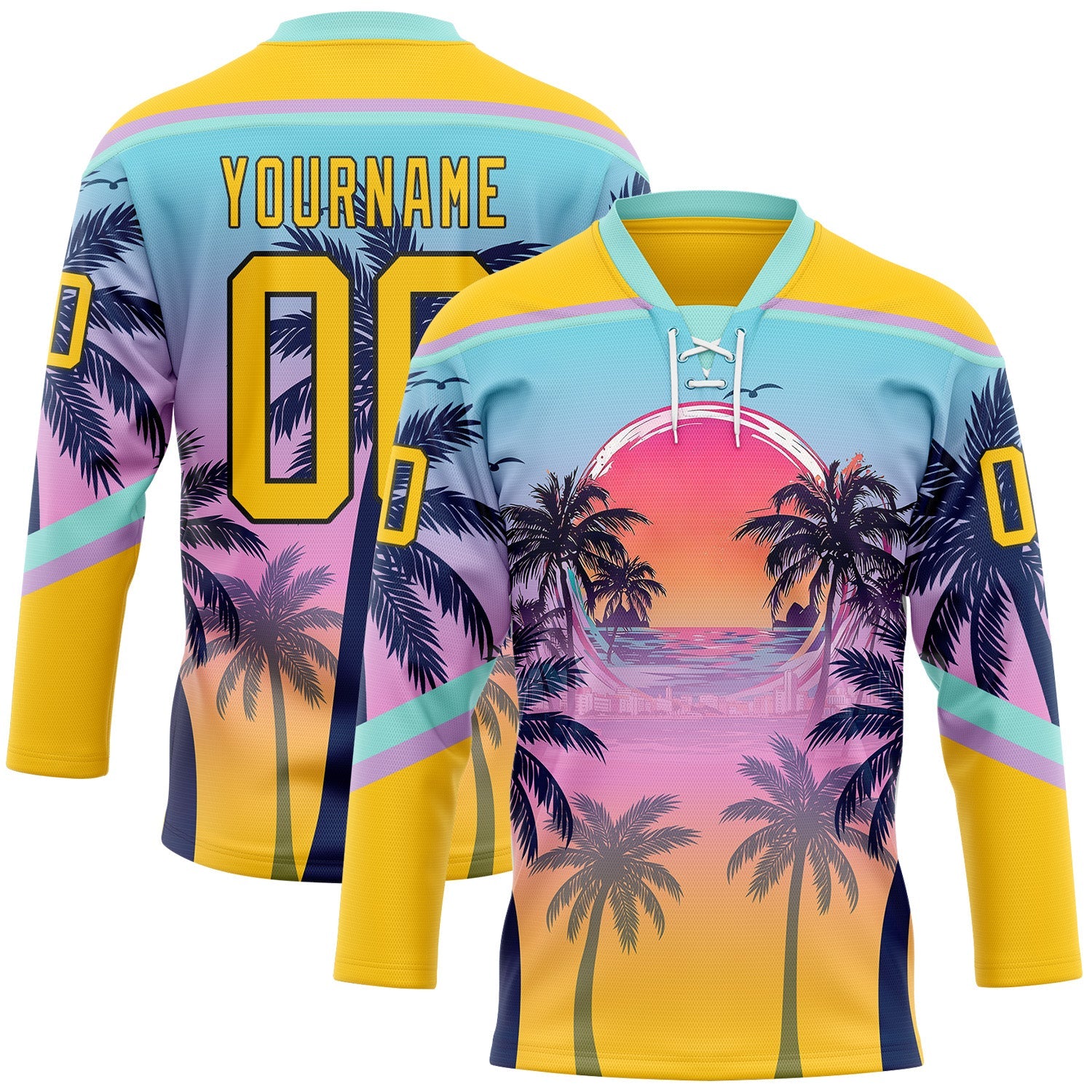 Custom Yellow Blue Purple-Black Gradient Hawaii Tropical Palm Trees Hockey Lace Neck Jersey - Main View