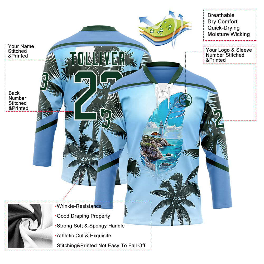 Custom Blue Green-White Gradient Hawaii Tropical Palm Trees Hockey Lace Neck Jersey view 4