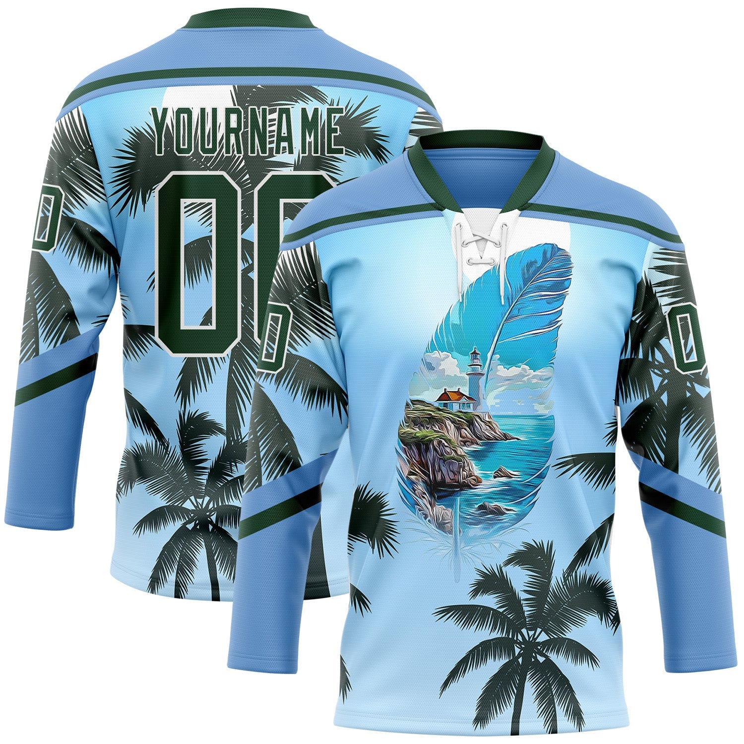 Custom Blue Green-White Gradient Hawaii Tropical Palm Trees Hockey Lace Neck Jersey - Main View