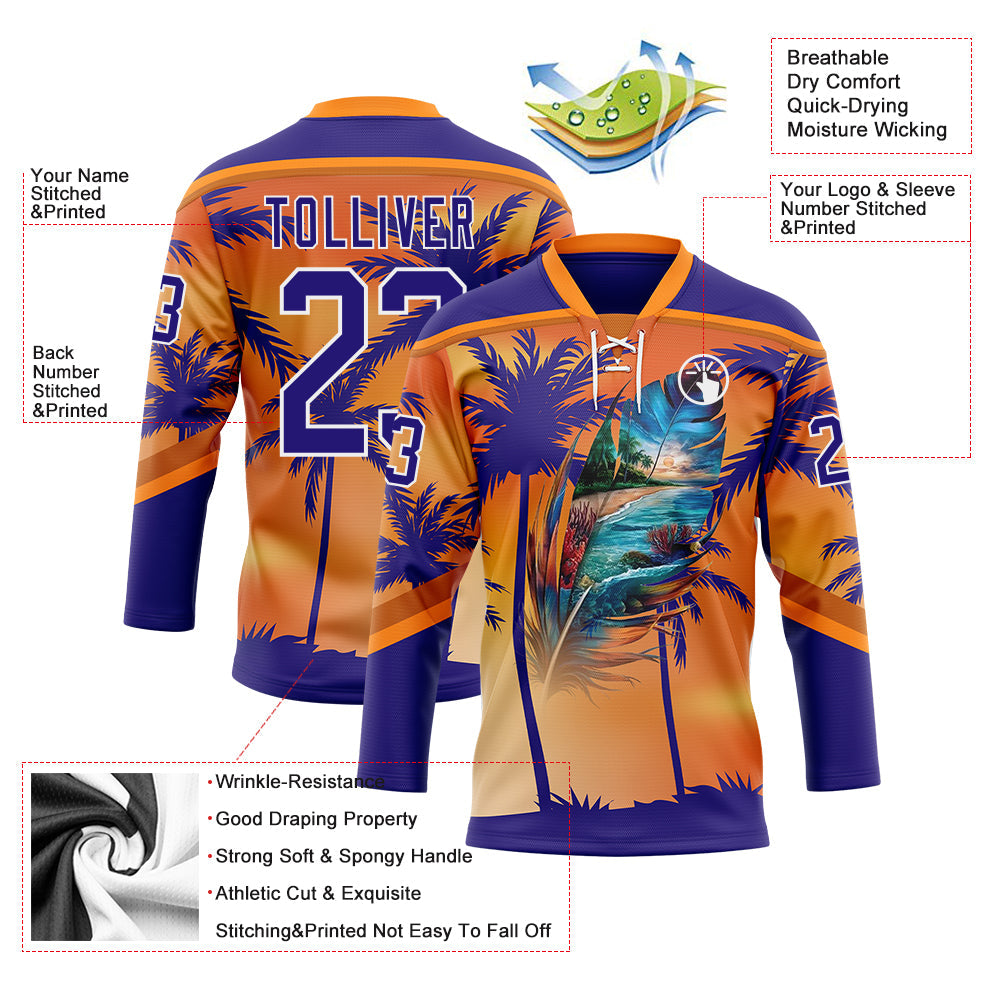 Custom Dark Purple Orange-White Gradient Hawaii Tropical Palm Trees Hockey Lace Neck Jersey view 4