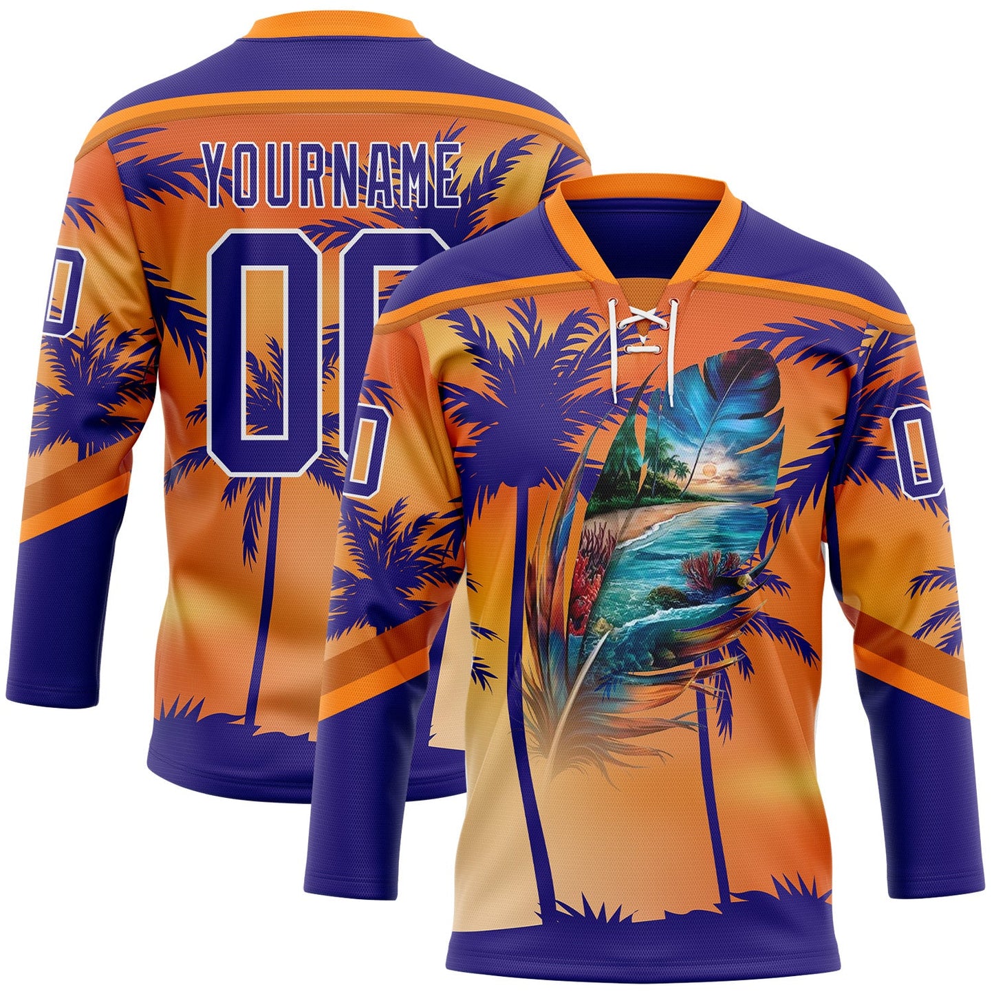 Custom Dark Purple Orange-White Gradient Hawaii Tropical Palm Trees Hockey Lace Neck Jersey - Main View
