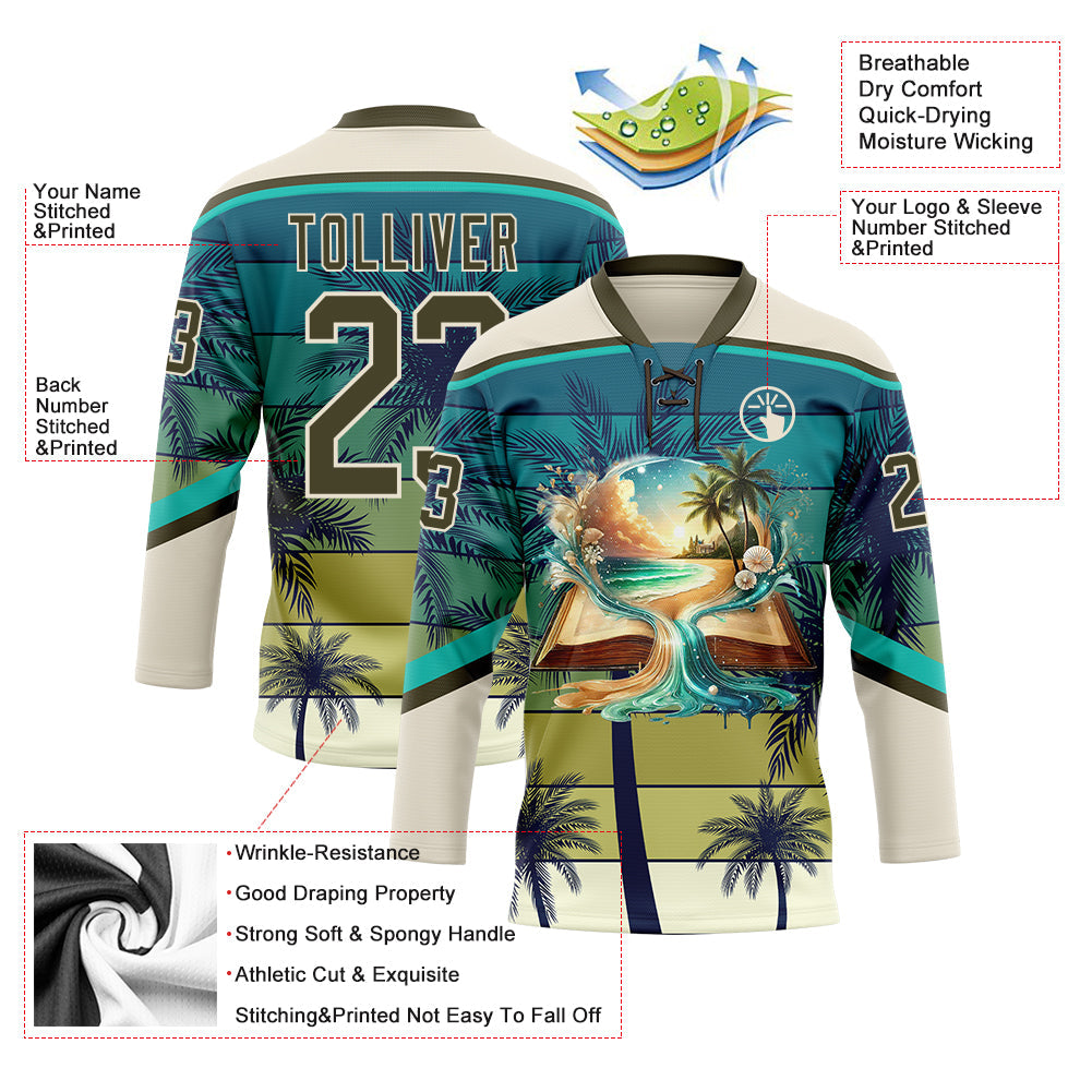 Custom Cream Olive-Blue Gradient Hawaii Tropical Palm Trees Hockey Lace Neck Jersey view 4