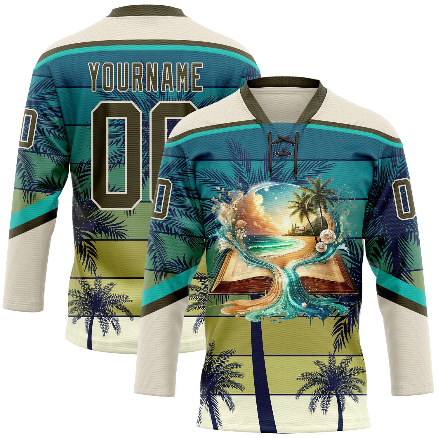 Custom Cream Olive-Blue Gradient Hawaii Tropical Palm Trees Hockey Lace Neck Jersey - Main View