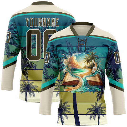 Custom Cream Olive-Blue Gradient Hawaii Tropical Palm Trees Hockey Lace Neck Jersey - Main View