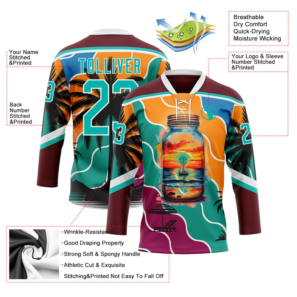 Custom Burgundy Aqua Orange Blue-White Gradient Hawaii Tropical Palm Trees Hockey Lace Neck Jersey view 4
