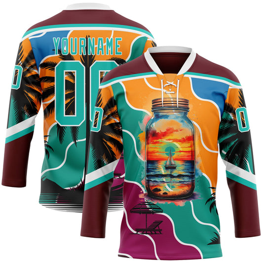 Custom Burgundy Aqua Orange Blue-White Gradient Hawaii Tropical Palm Trees Hockey Lace Neck Jersey - Main View