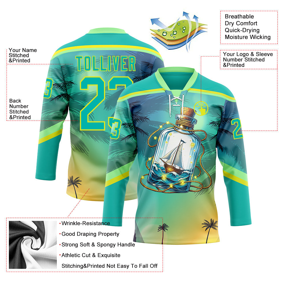 Custom Aqua Neon Yellow-Pea Green Gradient Hawaii Tropical Palm Trees Hockey Lace Neck Jersey view 4