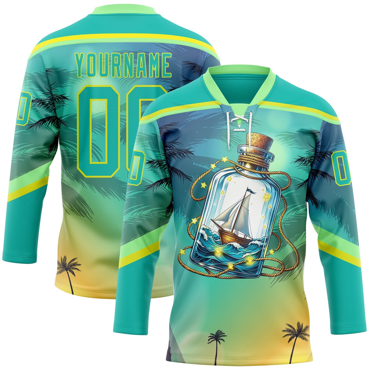 Custom Aqua Neon Yellow-Pea Green Gradient Hawaii Tropical Palm Trees Hockey Lace Neck Jersey - Main View