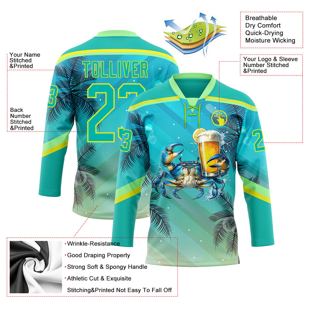 Custom Aqua Neon Yellow-Pea Green Gradient Hawaii Tropical Palm Trees Hockey Lace Neck Jersey view 4