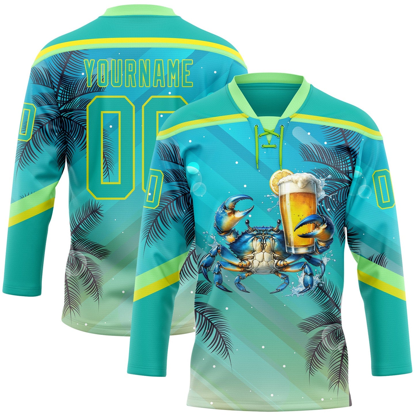 Custom Aqua Neon Yellow-Pea Green Gradient Hawaii Tropical Palm Trees Hockey Lace Neck Jersey - Main View