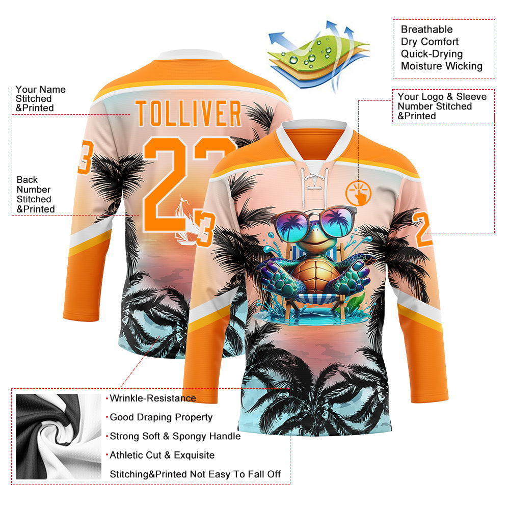Custom Bay Orange Blue Gold-White Gradient Hawaii Tropical Palm Trees Hockey Lace Neck Jersey view 4