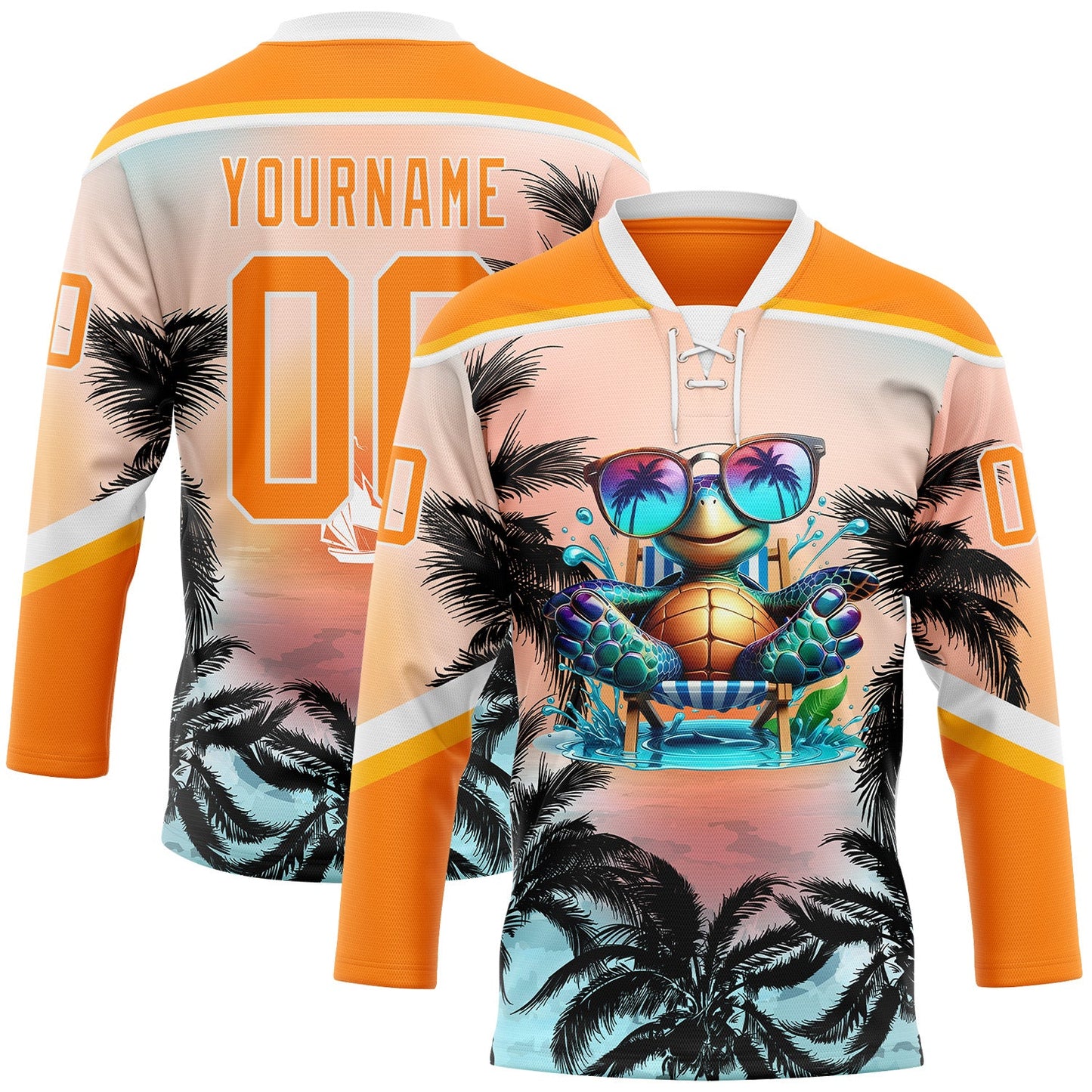 Custom Bay Orange Blue Gold-White Gradient Hawaii Tropical Palm Trees Hockey Lace Neck Jersey - Main View