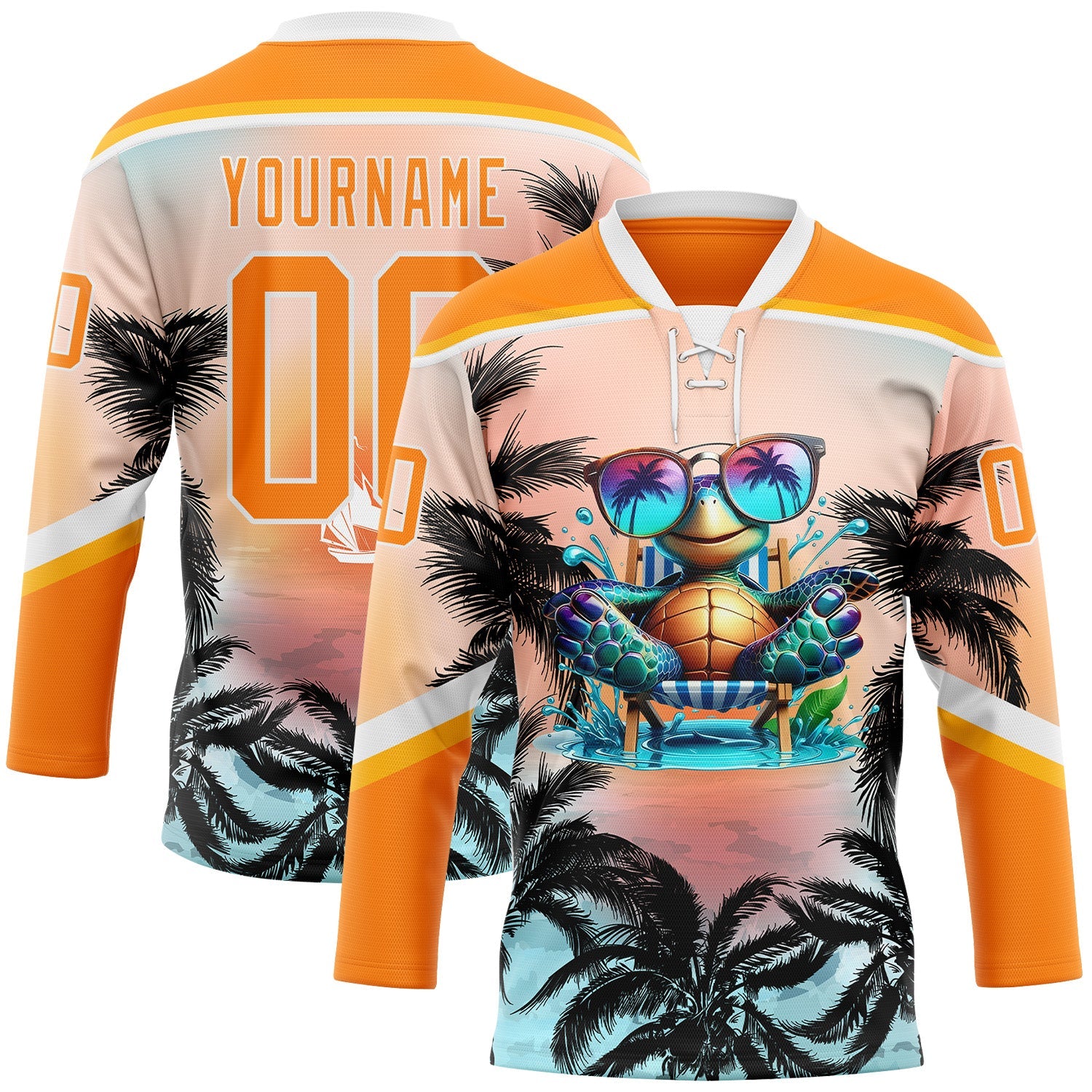 Custom Bay Orange Blue Gold-White Gradient Hawaii Tropical Palm Trees Hockey Lace Neck Jersey - Main View