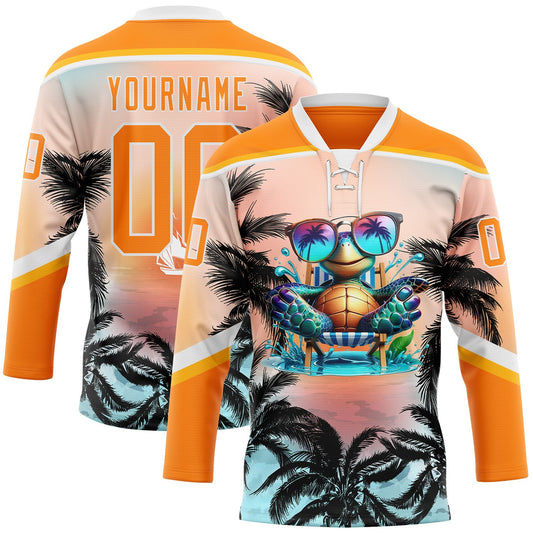 Custom Bay Orange Blue Gold-White Gradient Hawaii Tropical Palm Trees Hockey Lace Neck Jersey - Main View