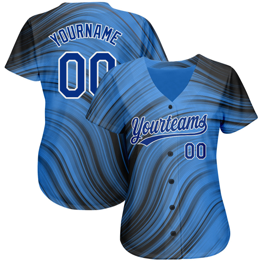 Custom Light Blue Royal-Black 3D Pattern Design Authentic Baseball Jersey view 2