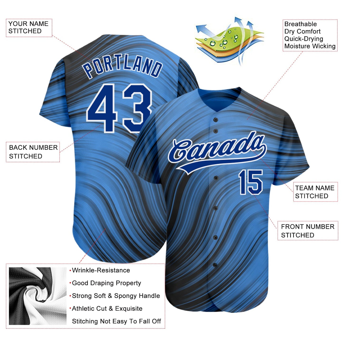 Custom Light Blue Royal-Black 3D Pattern Design Authentic Baseball Jersey view 3