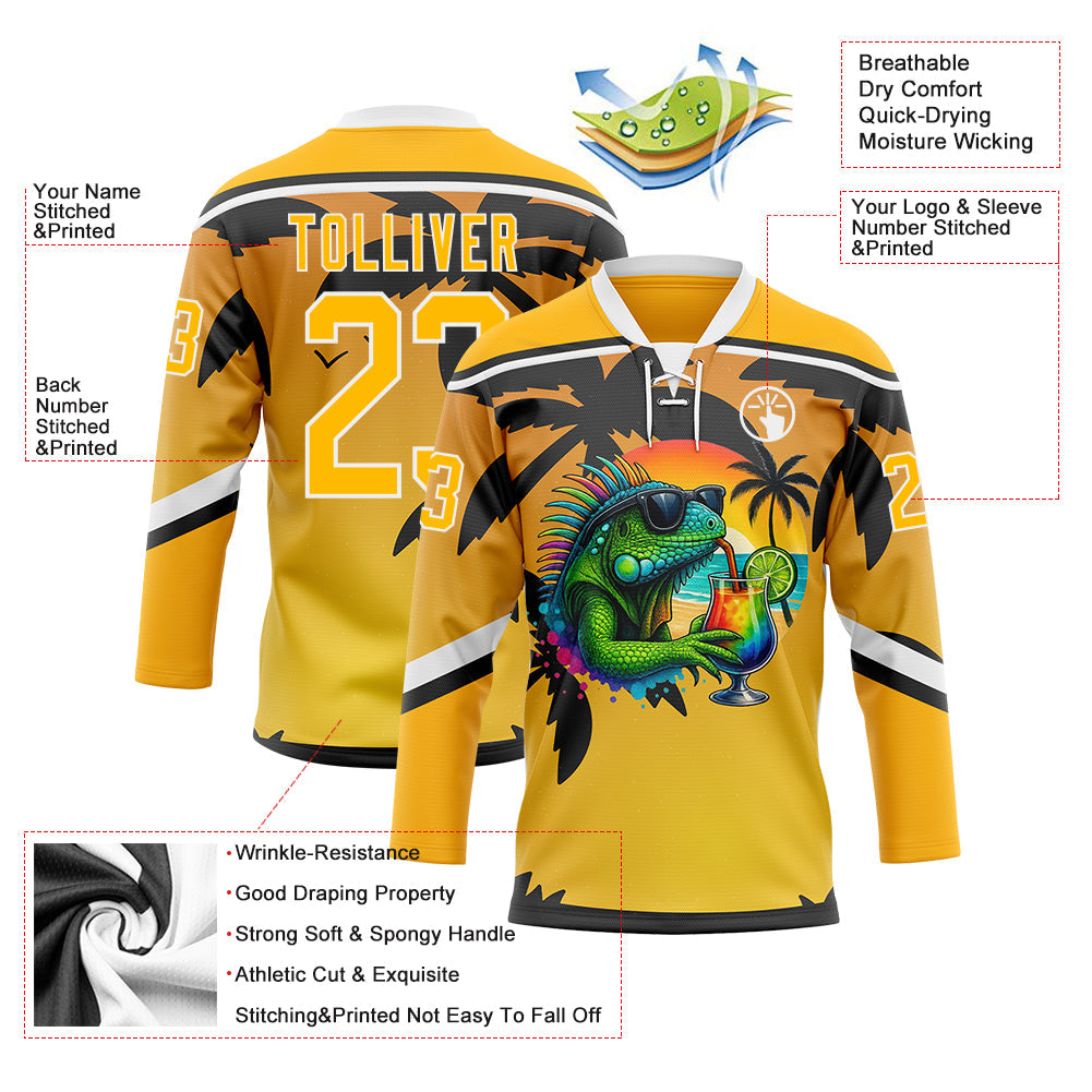 Custom Gold Black-White Gradient Hawaii Tropical Palm Trees Hockey Lace Neck Jersey view 4