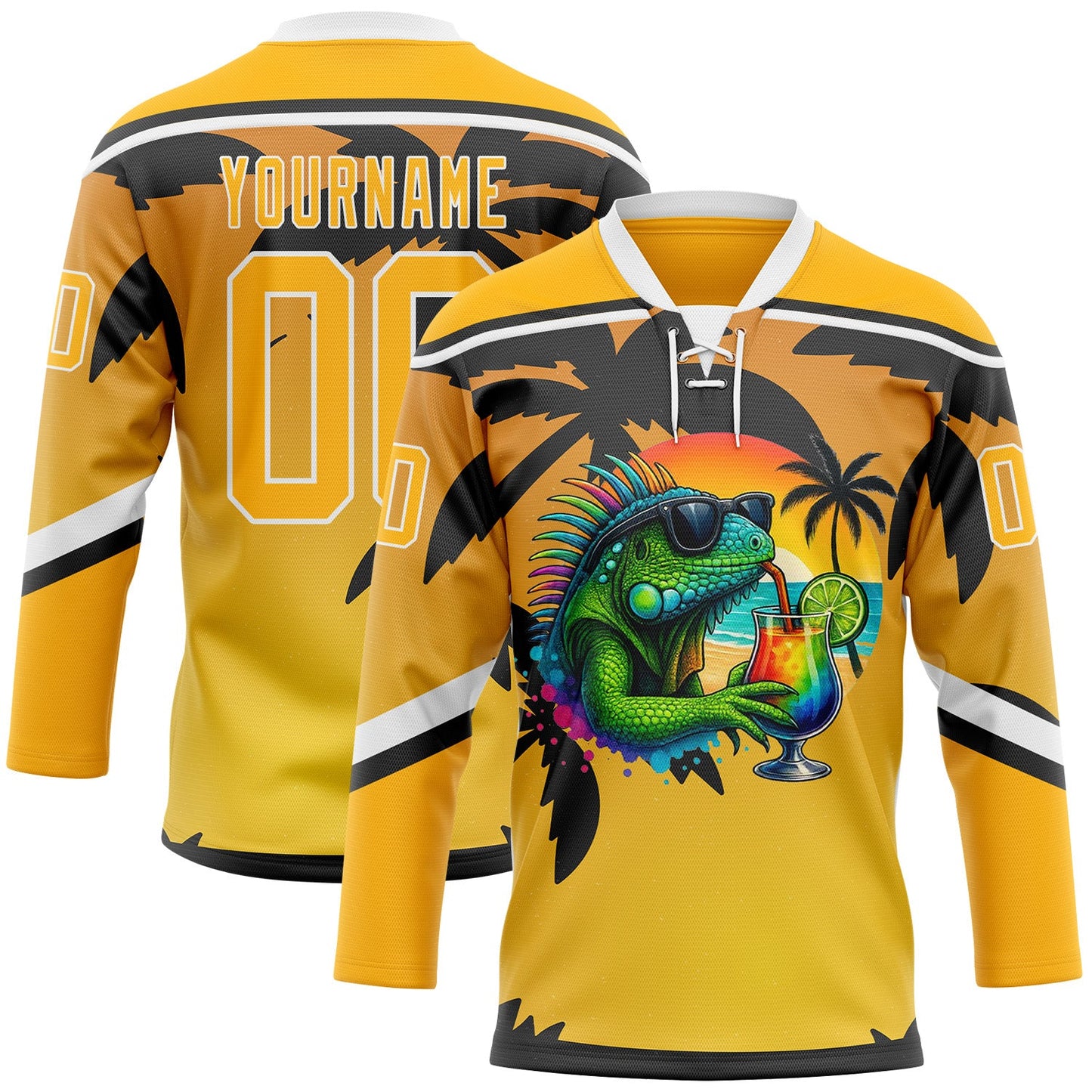 Custom Gold Black-White Gradient Hawaii Tropical Palm Trees Hockey Lace Neck Jersey - Main View