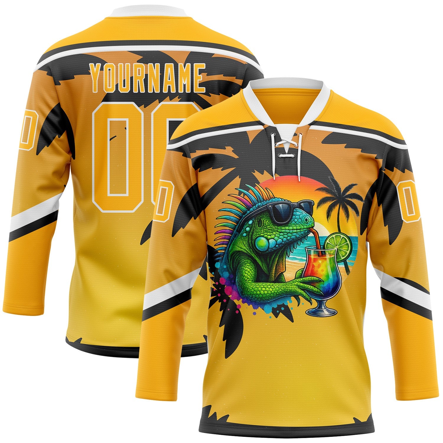 Custom Gold Black-White Gradient Hawaii Tropical Palm Trees Hockey Lace Neck Jersey - Main View