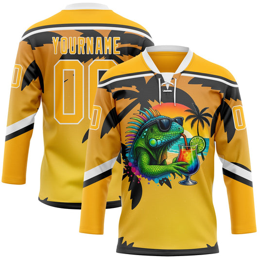 Custom Gold Black-White Gradient Hawaii Tropical Palm Trees Hockey Lace Neck Jersey - Main View