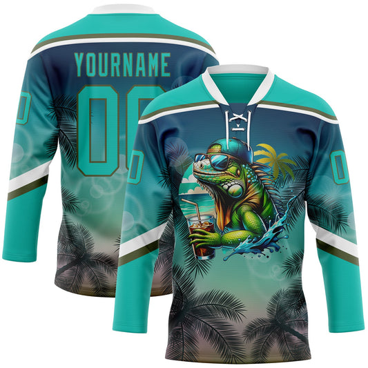 Custom Aqua Blue Olive-White Gradient Hawaii Tropical Palm Trees Hockey Lace Neck Jersey - Main View