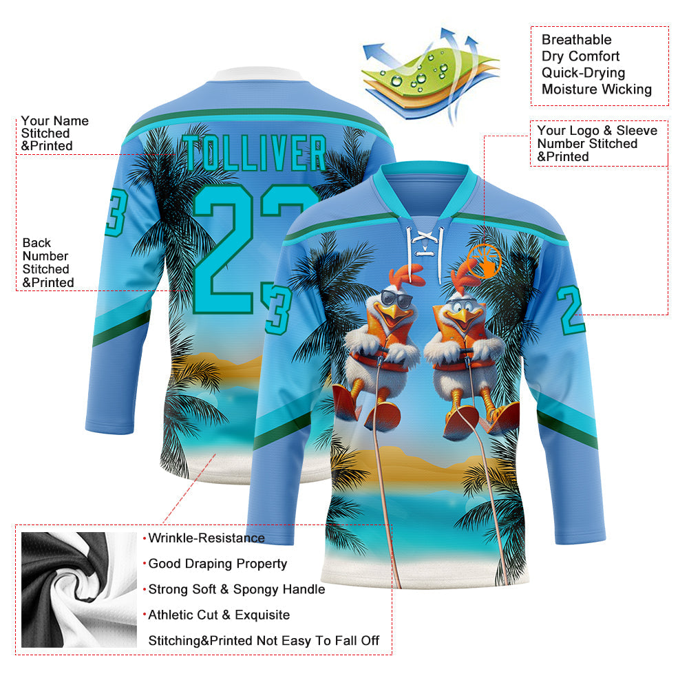 Custom Light Blue Lakes Blue-Kelly Green Gradient Hawaii Tropical Palm Trees Hockey Lace Neck Jersey view 4