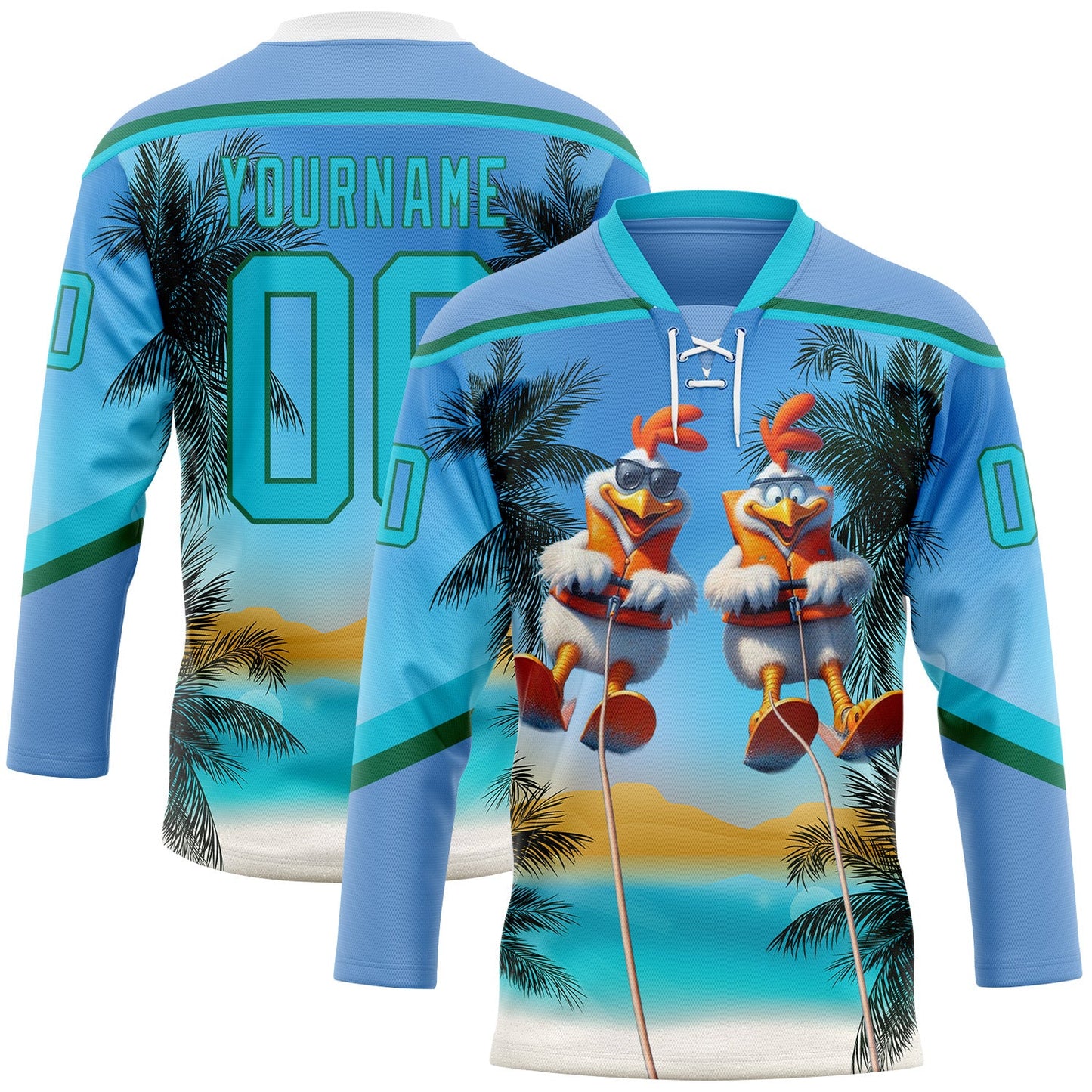Custom Light Blue Lakes Blue-Kelly Green Gradient Hawaii Tropical Palm Trees Hockey Lace Neck Jersey - Main View