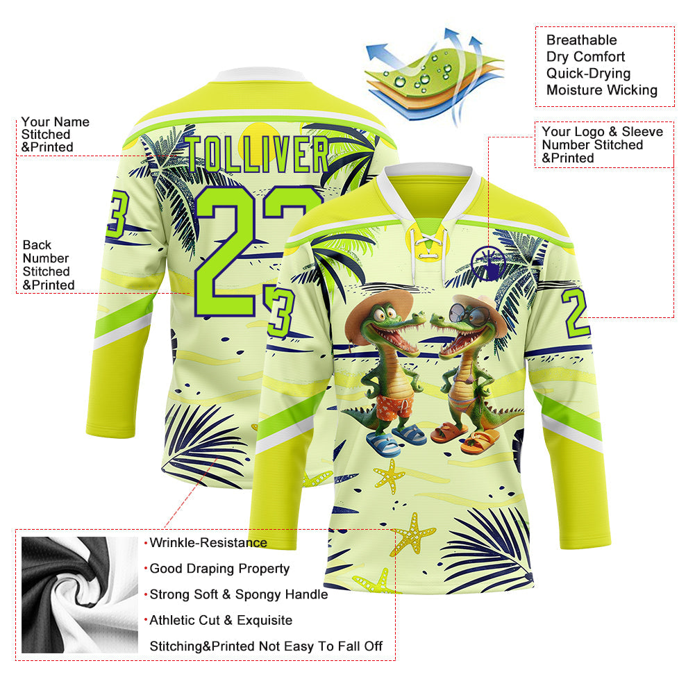 Custom Neon Yellow Neon Green Dark Purple-White Hawaii Tropical Palm Trees Hockey Lace Neck Jersey view 4