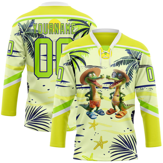 Custom Neon Yellow Neon Green Dark Purple-White Hawaii Tropical Palm Trees Hockey Lace Neck Jersey - Main View