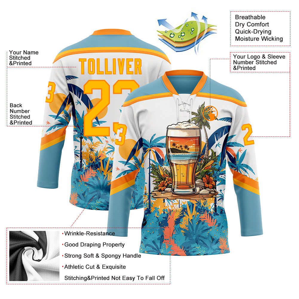 Custom Shadow Blue Gold Bay Orange-White Hawaii Tropical Palm Trees Hockey Lace Neck Jersey view 4