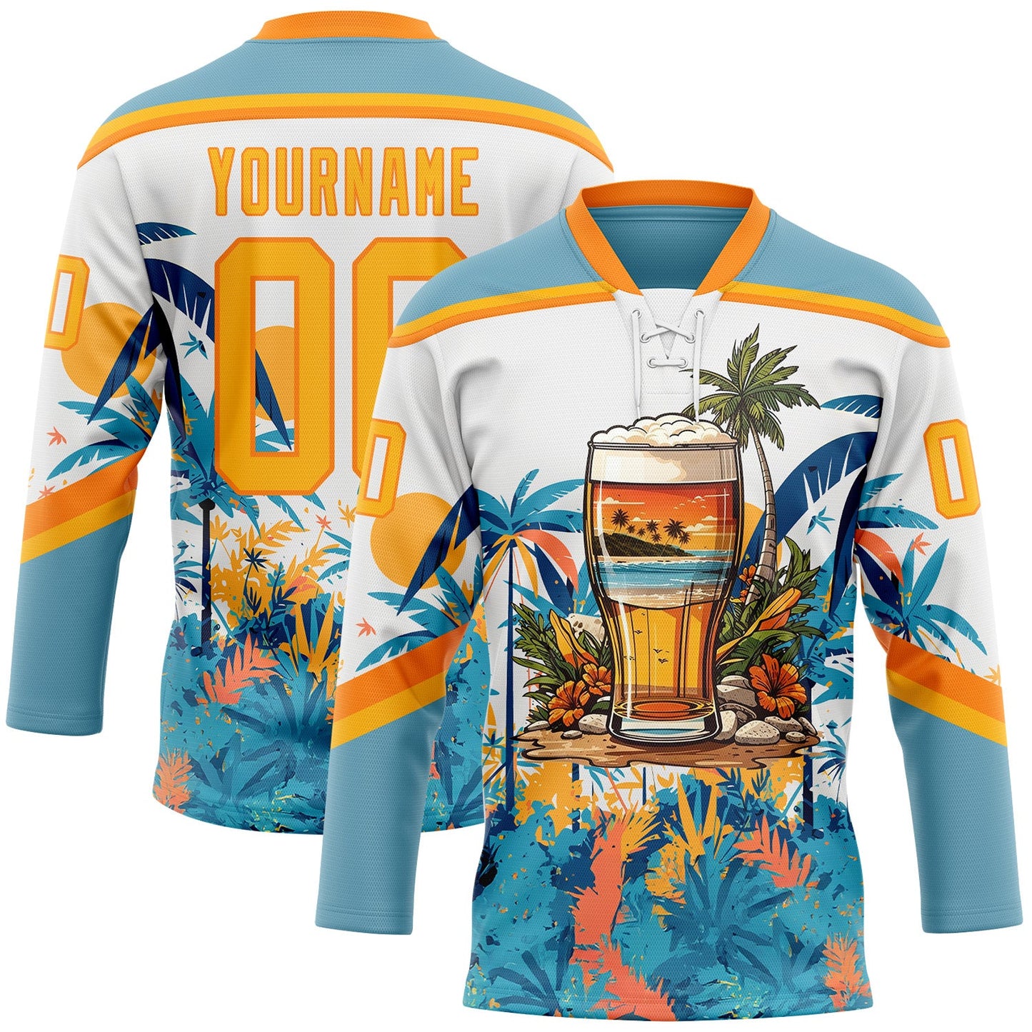 Custom Shadow Blue Gold Bay Orange-White Hawaii Tropical Palm Trees Hockey Lace Neck Jersey - Main View
