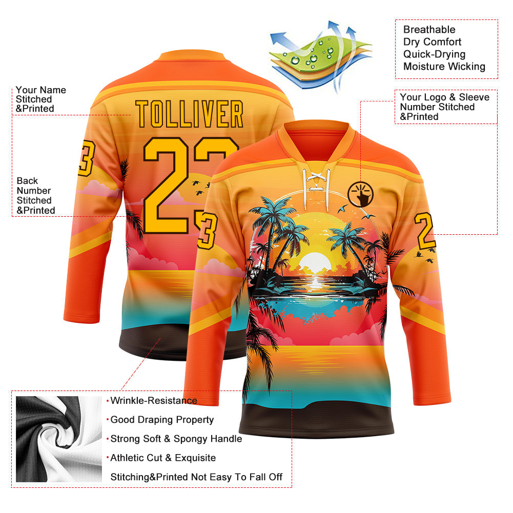 Custom Orange Gold Blue-Brown Gradient Hawaii Tropical Palm Trees Hockey Lace Neck Jersey view 4
