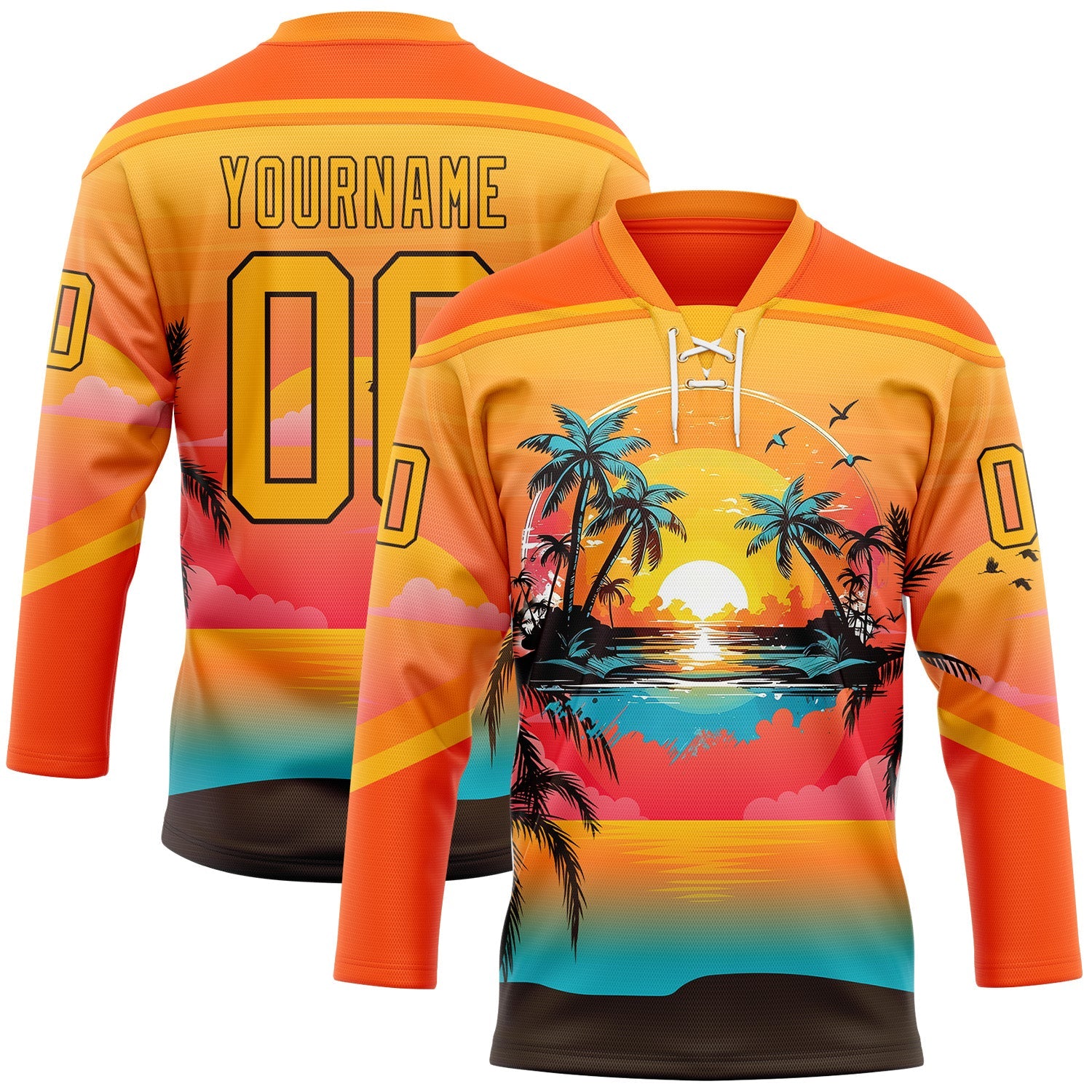 Custom Orange Gold Blue-Brown Gradient Hawaii Tropical Palm Trees Hockey Lace Neck Jersey - Main View