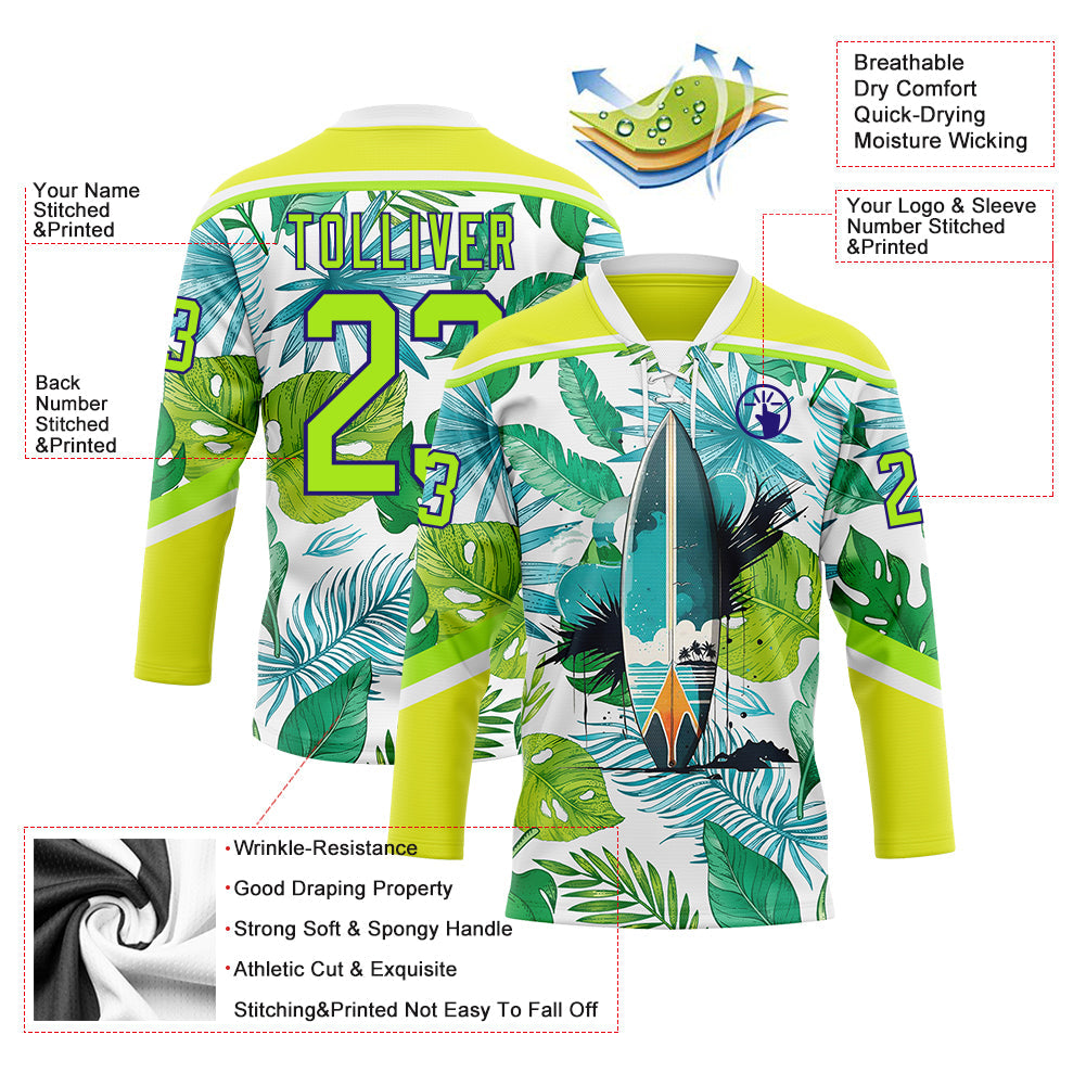 Custom Neon Yellow Neon Green Dark Purple-White Hawaii Tropical Palm Trees Hockey Lace Neck Jersey view 4