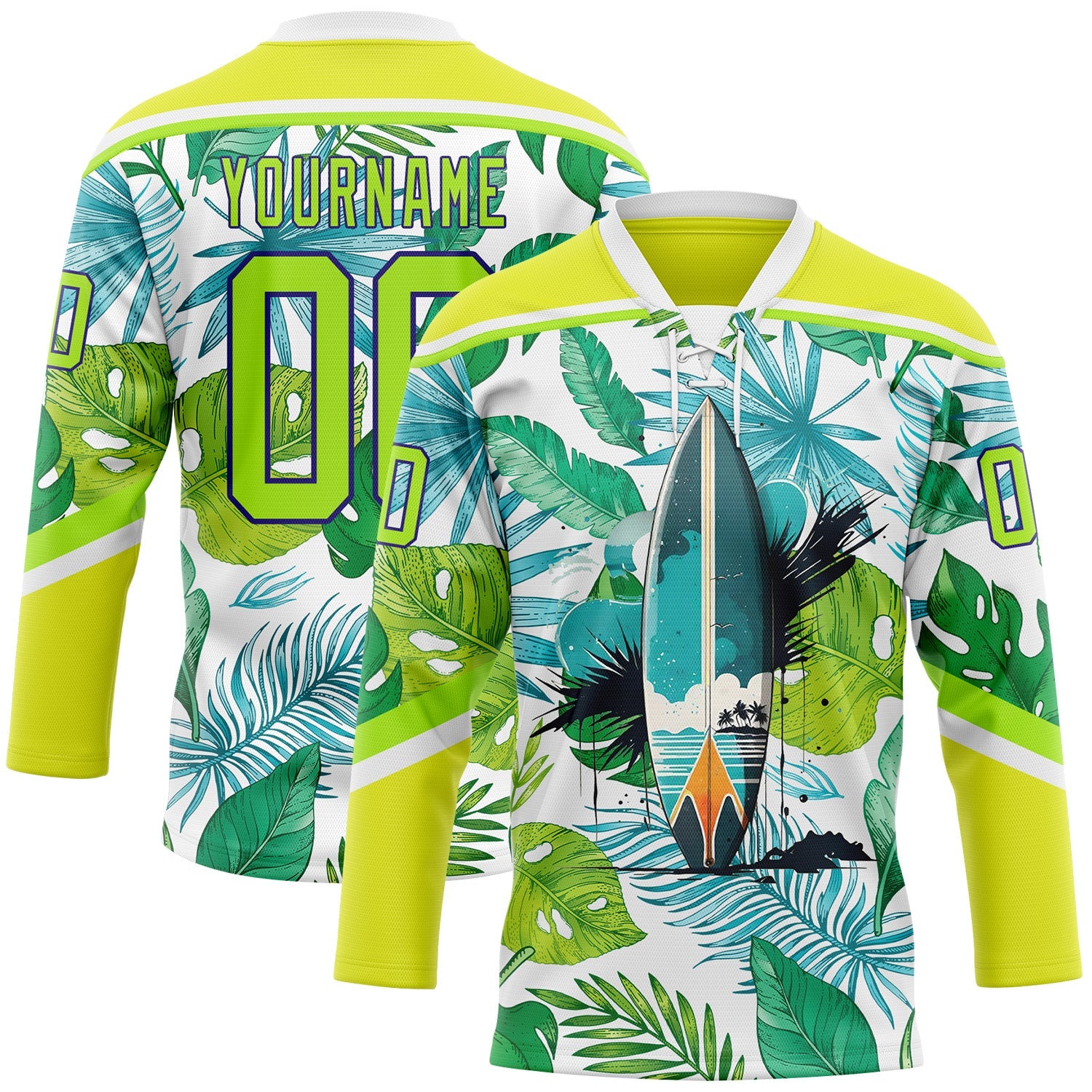 Custom Neon Yellow Neon Green Dark Purple-White Hawaii Tropical Palm Trees Hockey Lace Neck Jersey - Main View