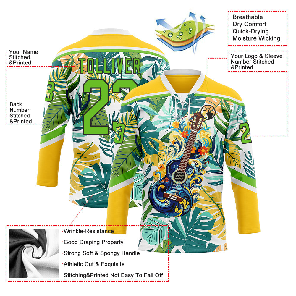 Custom Yellow Aurora Green Black-White Hawaii Tropical Palm Trees Hockey Lace Neck Jersey view 4