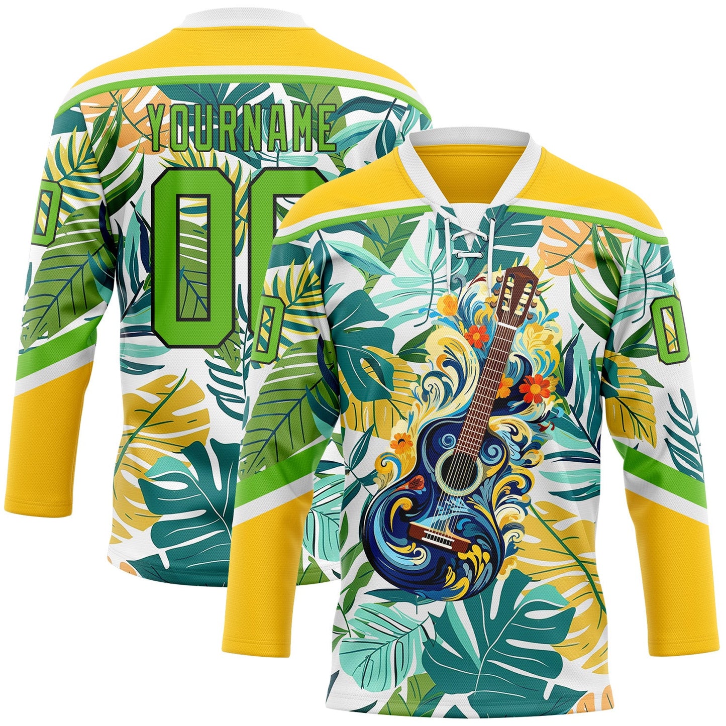 Custom Yellow Aurora Green Black-White Hawaii Tropical Palm Trees Hockey Lace Neck Jersey - Main View